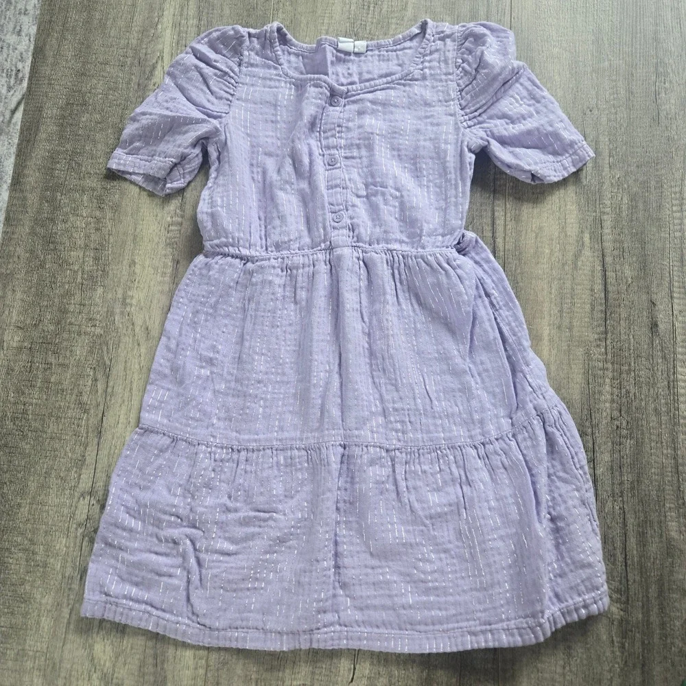 Gap Kids Girls Lavender Purple Metallic Stripe Cotton Gauze Tiered Dress Size 10